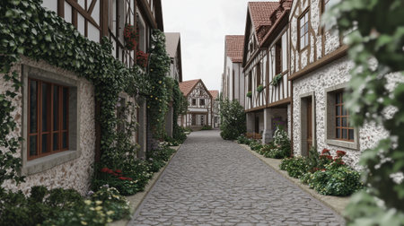 Explore a picturesque European village featuring a cobblestone street lined with charming houses adorned with ivy and vibrant flowers. A serene pathway invites tranquility.の素材
