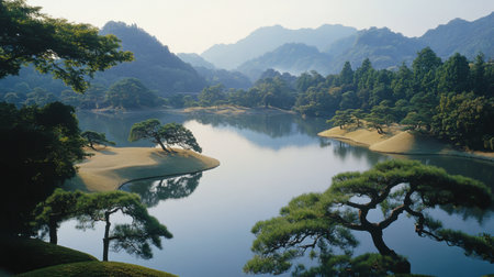 A captivating landscape showcasing a serene lake surrounded by lush mountains and unique trees, reflecting tranquility and the beauty of nature.の素材