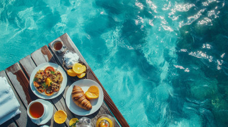 Enjoy a delightful breakfast spread featuring fresh fruit, croissant, and tea, perfectly set by a sparkling pool, ideal for relaxation and leisure.の素材