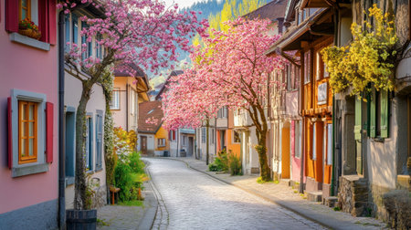 A picturesque European street lined with charming houses and beautiful cherry blossom trees in full bloom, creating a serene spring atmosphere.の素材