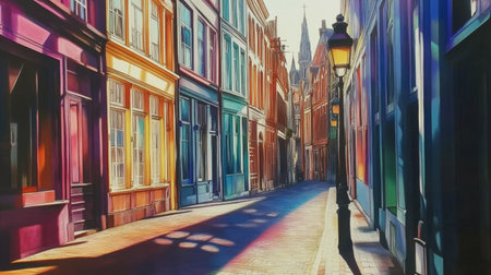 A stunning view of a vibrant street, showcasing colorful buildings and soft shadows beneath the warm afternoon light. Ideal for travel and architecture projects.の素材