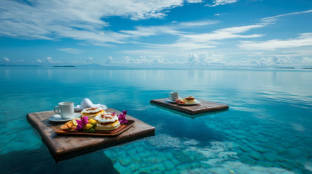 Elegant breakfast presentation on floating trays amidst tranquil waters. Enjoy a morning feast of pancakes and coffee in a stunning tropical setting.の素材