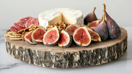 A beautifully arranged cheese board featuring fresh figs, salami, and walnuts on a rustic wooden slab. Ideal for entertaining and food styling.の素材