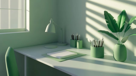 A tranquil green workspace featuring a modern desk, natural light, and stylish stationery. This minimalist scene inspires creativity and productivity in an inviting environment.の素材