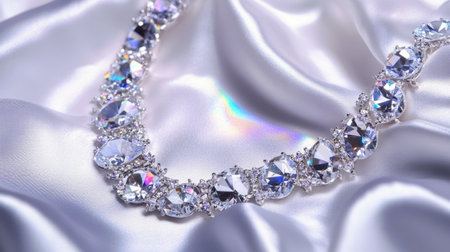 This image showcases an elegant silver necklace adorned with sparkling gemstones. The luxurious piece glimmers beautifully against a soft satin fabric, perfect for showcasing refined jewelry.の素材