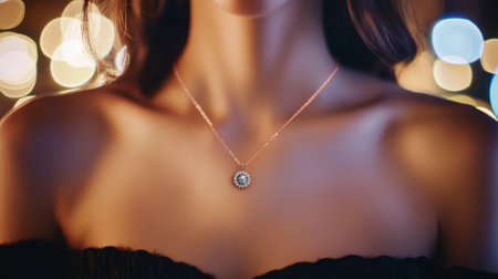 A close-up view of a woman's neckline adorned with a delicate necklace, surrounded by a soft bokeh background, capturing elegance and beauty in a stylish atmosphere.の素材