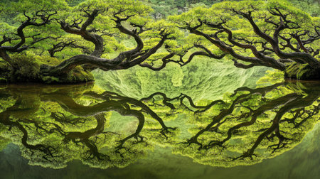 Captivating image of ancient trees reflected in peaceful waters, showcasing vibrant green foliage and an atmosphere of serene tranquility in nature.の素材