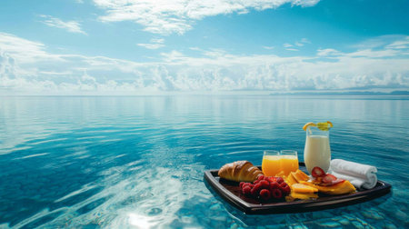 Enjoy a serene breakfast by the pool, featuring fresh fruit, croissants, and juice against a stunning ocean backdrop, perfect for a relaxing day.の素材