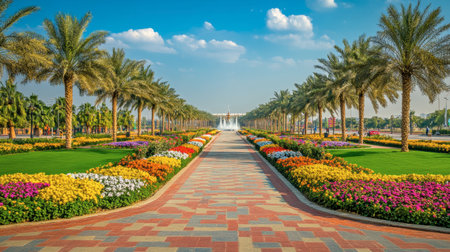 This stunning image showcases a vibrant floral pathway lined with palm trees and a beautiful fountain, creating a picturesque outdoor experience. Perfect for nature lovers!の素材