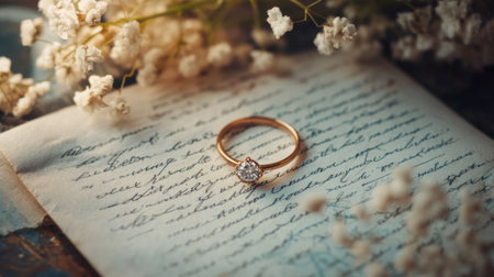 An elegant diamond ring rests on a vintage letter, surrounded by delicate flowers. A perfect symbol of love and romance, it captures timeless beauty and emotion.の素材