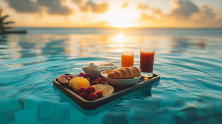 A beautifully arranged breakfast tray floats in a tranquil pool at sunrise. The scene features drinks, fruits, and pastries, creating a serene vacation vibe.の素材