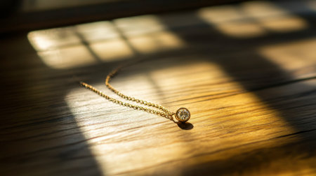 This stunning gold necklace features a brilliant pendant, beautifully highlighted by sunlight on a wooden surface. Perfect for showcasing elegance and style.の素材