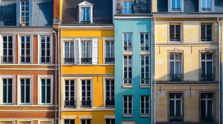 Vibrant view of colorful facades on historic buildings in an urban neighborhood, capturing architectural details and inviting sunlight. Ideal for travel or lifestyle themes.の素材