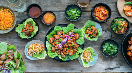 A vibrant assortment of Asian dishes featuring fresh ingredients served on a rustic wooden table, perfect for showcasing culinary creativity and flavor.の素材