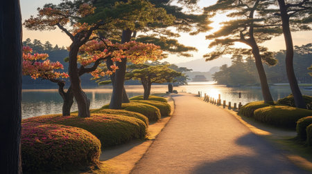 A serene pathway lined with colorful trees leads to a calm water body at sunset. The warm light enhances the vibrant foliage, creating a picturesque landscape.の素材