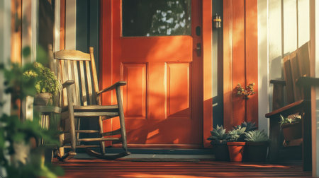 A charming porch showcasing wooden rocking chairs beside a bright orange front door. Sunlight casts beautiful shadows, enhancing the inviting atmosphere.の素材
