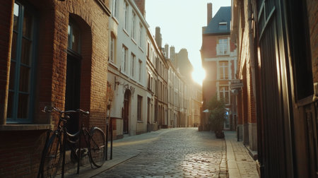 A tranquil sunset illuminates a historic cobblestone street, showcasing charming architecture and a bike parked nearby. Perfect for travel and urban exploration themes.の素材