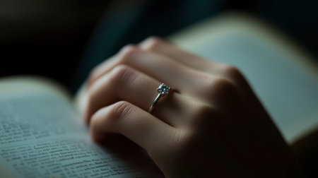A beautifully crafted close-up image featuring a hand gently holding a book, showcasing a sparkling diamond ring. This serene scene evokes emotions of romance and tranquility.の素材