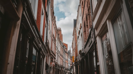 A captivating narrow street showcasing historic buildings under a cloudy sky. This picturesque setting invites exploration and highlights charming architecture.の素材
