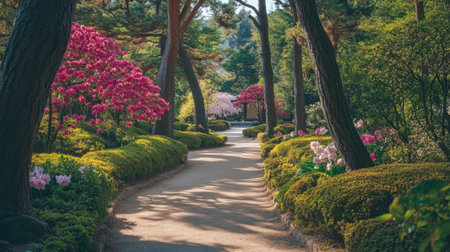 A tranquil garden pathway lined with vibrant pink flowers and lush greenery, inviting visitors to explore the serene beauty of spring in nature. Perfect for relaxation.の素材