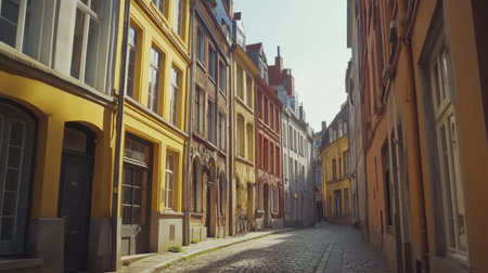 Explore a tranquil narrow street featuring colorful facades of historic buildings. The cobblestone path radiates charm and invites wanderers to discover its beauty.の素材