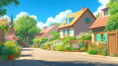 A serene street lined with charming houses, surrounded by vibrant flowers and lush greenery under a bright blue sky, capturing the essence of a peaceful neighborhood in full bloom.の素材