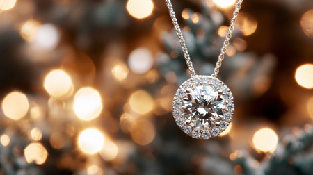 A stunning close-up of an elegant diamond necklace pendant showcasing its brilliance. Set against a soft bokeh background, the jewelry exudes luxury and celebration.の素材