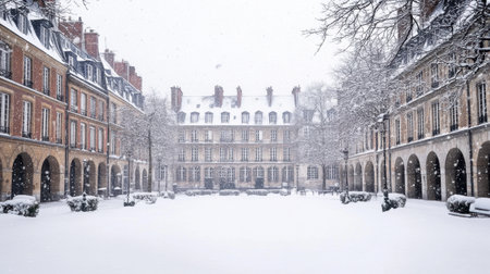 A tranquil winter scene showcasing a beautiful historic courtyard in Paris, blanketed in snow, creating a peaceful and serene atmosphere with soft falling snowflakes.の素材