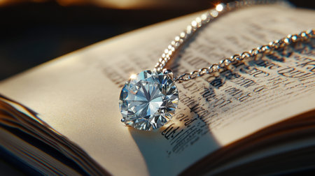 A breathtaking close-up of a diamond necklace resting on an open book page. The intricate design and brilliant shine capture the essence of elegance and luxury in jewelry.の素材