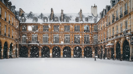 A beautiful winter scene showcasing a historic courtyard surrounded by elegant architecture, as snow gently falls, creating a serene atmosphere.の素材