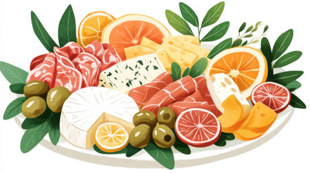 A visually appealing platter featuring an assortment of cheeses, cured meats, olives, and fresh fruits, perfect for entertaining at any gathering.の素材