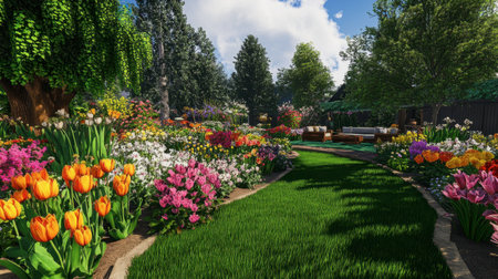 Experience a stunning flower garden filled with vibrant blooms and lush greenery. The pathway invites visitors into a serene and peaceful outdoor space.の素材