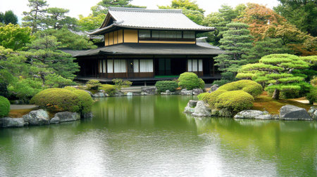 A serene view of a traditional Japanese garden featuring a classic house by a tranquil pond. Lush greenery and smooth stones enhance the peaceful atmosphere.の素材