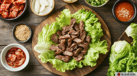 Sliced beef served on fresh lettuce with a variety of condiments on a rustic wooden table, showcasing a vibrant, healthy meal perfect for dining or gatherings.の素材