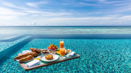 Enjoy a luxurious breakfast spread featuring pastries and fresh fruits beside an infinity pool with stunning ocean views, perfect for a tranquil getaway.の素材