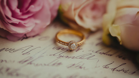 A stunning gold ring featuring a sparkling diamond rests on an antique letter surrounded by delicate roses, creating a romantic and elegant atmosphere.の素材