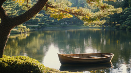 A tranquil lakeside scene featuring a wooden boat gently floating on water, surrounded by lush greenery and vibrant foliage, ideal for relaxation and nature lovers.の素材