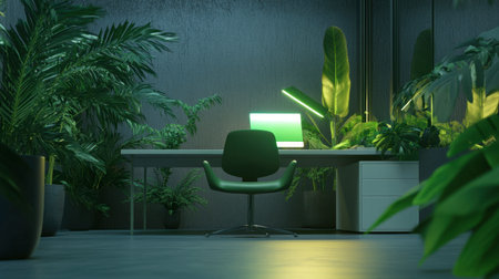 A peaceful office space featuring a modern desk and chair surrounded by lush greenery. Ideal for promoting relaxation and productivity in a tranquil environment.の素材