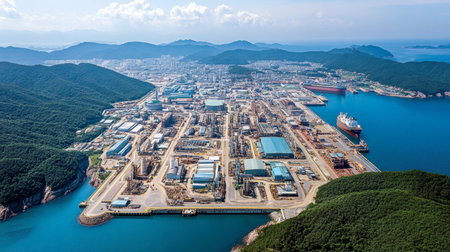 Stunning aerial image showcasing an expansive industrial complex nestled between mountains and the sea, featuring factories, shipping activities, and vibrant coastal landscapes.の素材