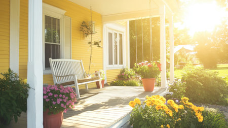 A bright front porch adorned with colorful flowers and a wooden bench, bathed in warm sunlight, creating a serene and inviting outdoor space for relaxation.の素材