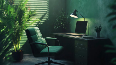 A modern office space featuring a green theme with lush plants, a stylish chair, and a desk with a computer, offering a serene and productive atmosphere.の素材