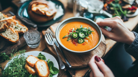 A bowl of creamy tomato soup garnished with fresh vegetables and jalapenos, served with crispy bread slices on a rustic wooden table.の素材