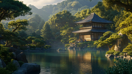 Explore a tranquil Japanese garden featuring a serene pond reflecting a traditional pavilion amidst lush greenery, inviting peace and reflection.の素材
