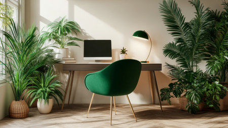 A bright and inviting home office featuring a modern desk, stylish green chair, and lush indoor plants. Perfect for boosting productivity and creativity.の素材