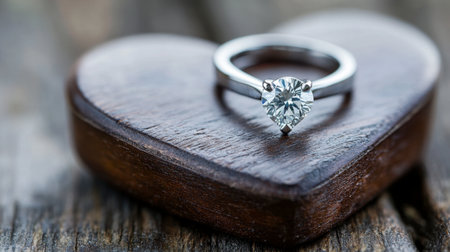 A stunning diamond engagement ring sits atop a heart-shaped wooden base, symbolizing love and commitment. The shiny gemstone radiates elegance and beauty, perfect for any romantic occasion.の素材