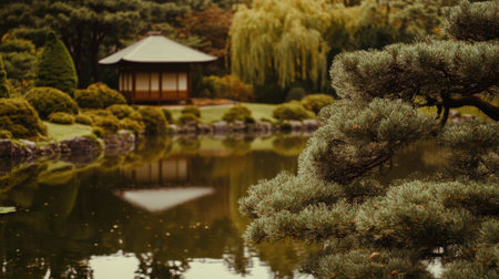 Explore a serene Japanese garden featuring a peaceful pond, lush greenery, and a traditional structure. Perfect for relaxation and contemplation.の素材