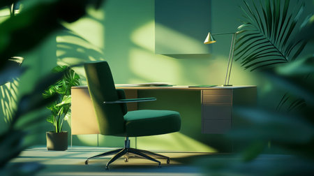 A tranquil home office scene showcasing a green desk and chair surrounded by lush plants, creating an inviting and serene workspace for creativity and productivity.の素材