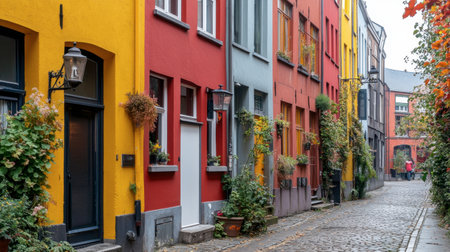 A picturesque cobblestone street featuring colorful houses adorned with foliage in autumn, creating a charming urban scene perfect for exploration.の素材