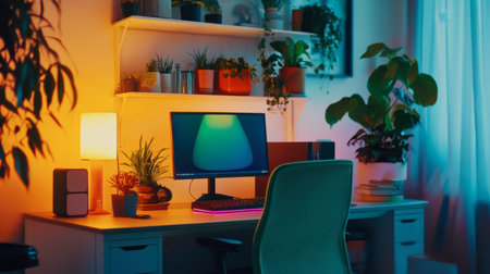 A charming home office setup featuring a sleek monitor, vibrant plants, and warm ambient lighting, creating a perfect blend of productivity and comfort. Ideal for creativity.の素材