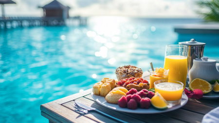 Enjoy a vibrant breakfast spread featuring fresh fruits, juices, and pastries by the serene poolside, perfect for relaxation on a sunny day.の素材